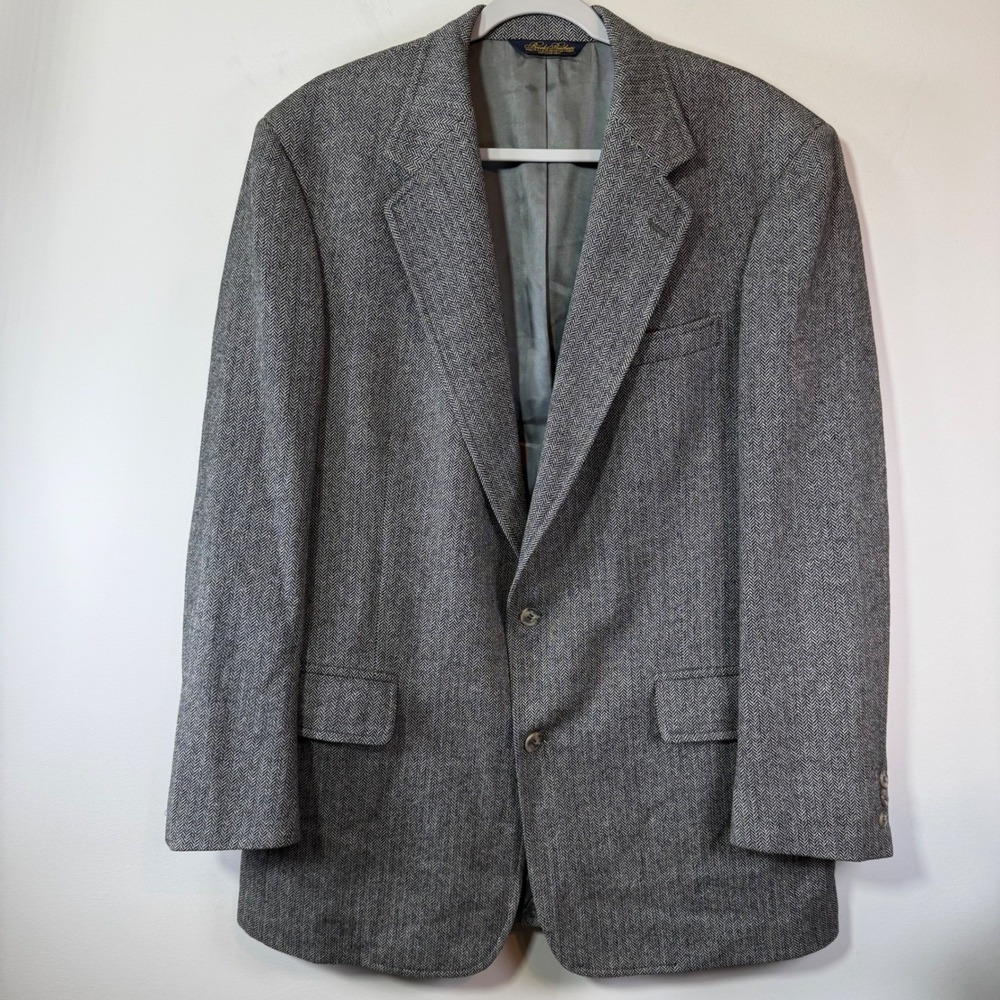 Brooks Brothers Herringbone Blazer Mens 44 LG Wool Tweed Sport Coat Gray Classic